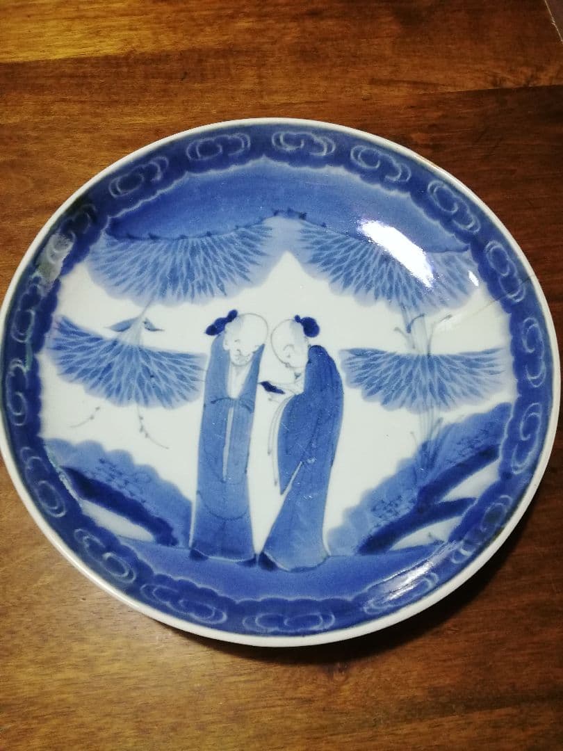 年代物、古伊万里(江戸中期～後期)(富貴長春)古伊万里染付七賢大皿