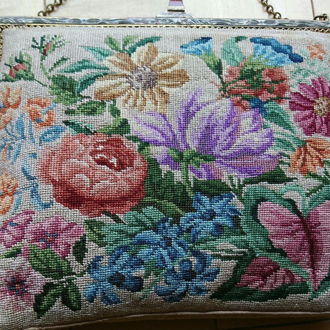 幸せバッグ、クリーニング済み、クロスステッチ、アンティークバッグ