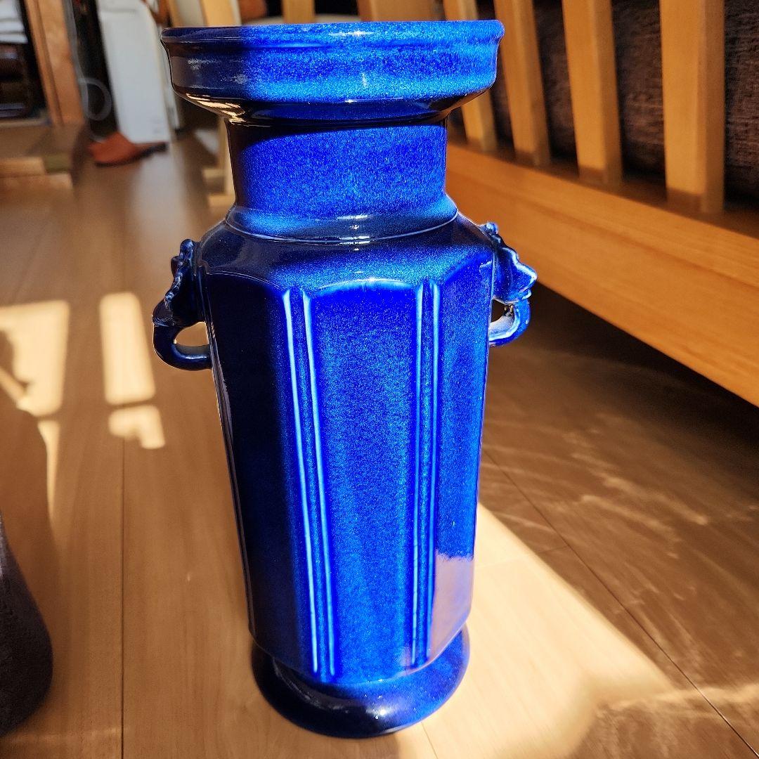 清朝瑠璃8面取り蜻蛉耳付き花入れ