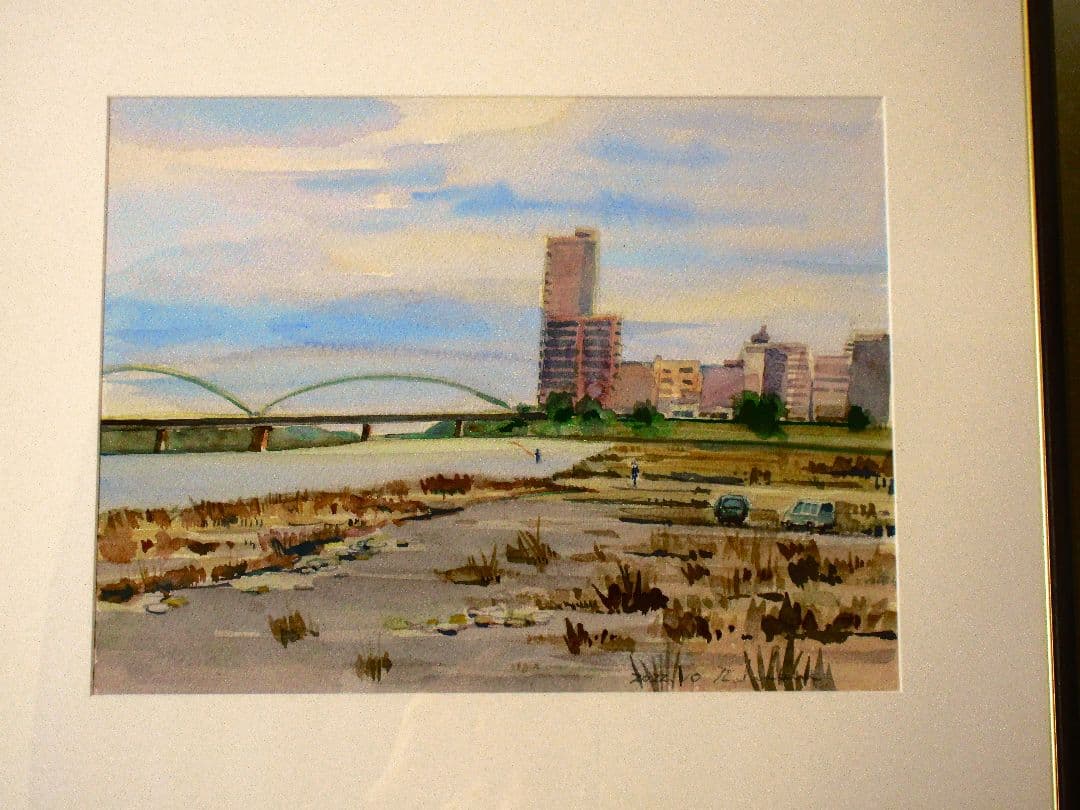 水彩画 都市の川沿いの風景 額装済み 原画 F6サイズ
