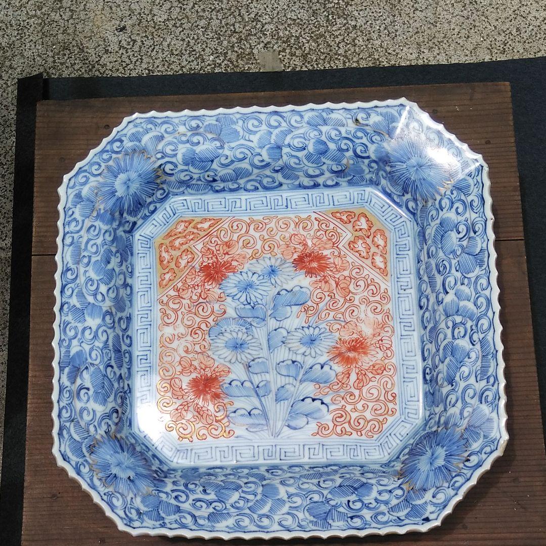 古伊万里線描菊花紋隅切り角皿
