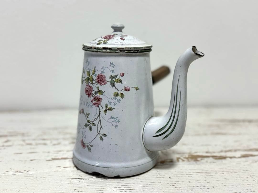 フランスアンティーク BB社 エナメル ホーローポット 薔薇柄 ショコラティエ