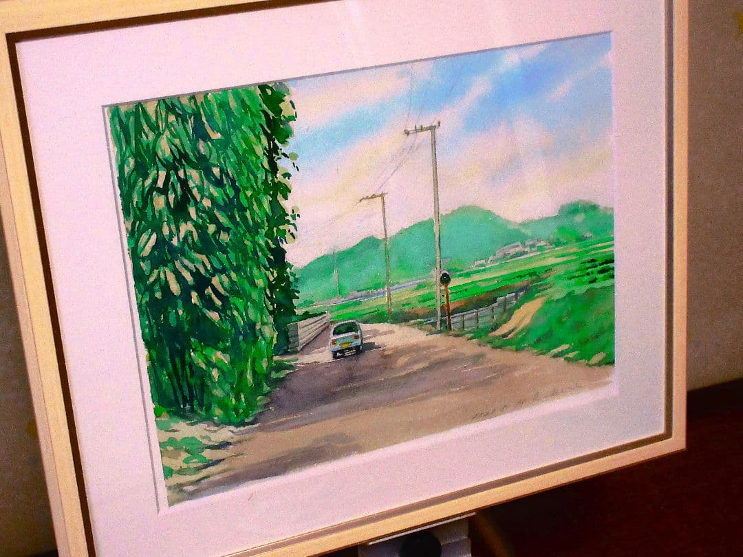 水彩画 風景画 緑色と青色のトーン 額装済み F6サイズ