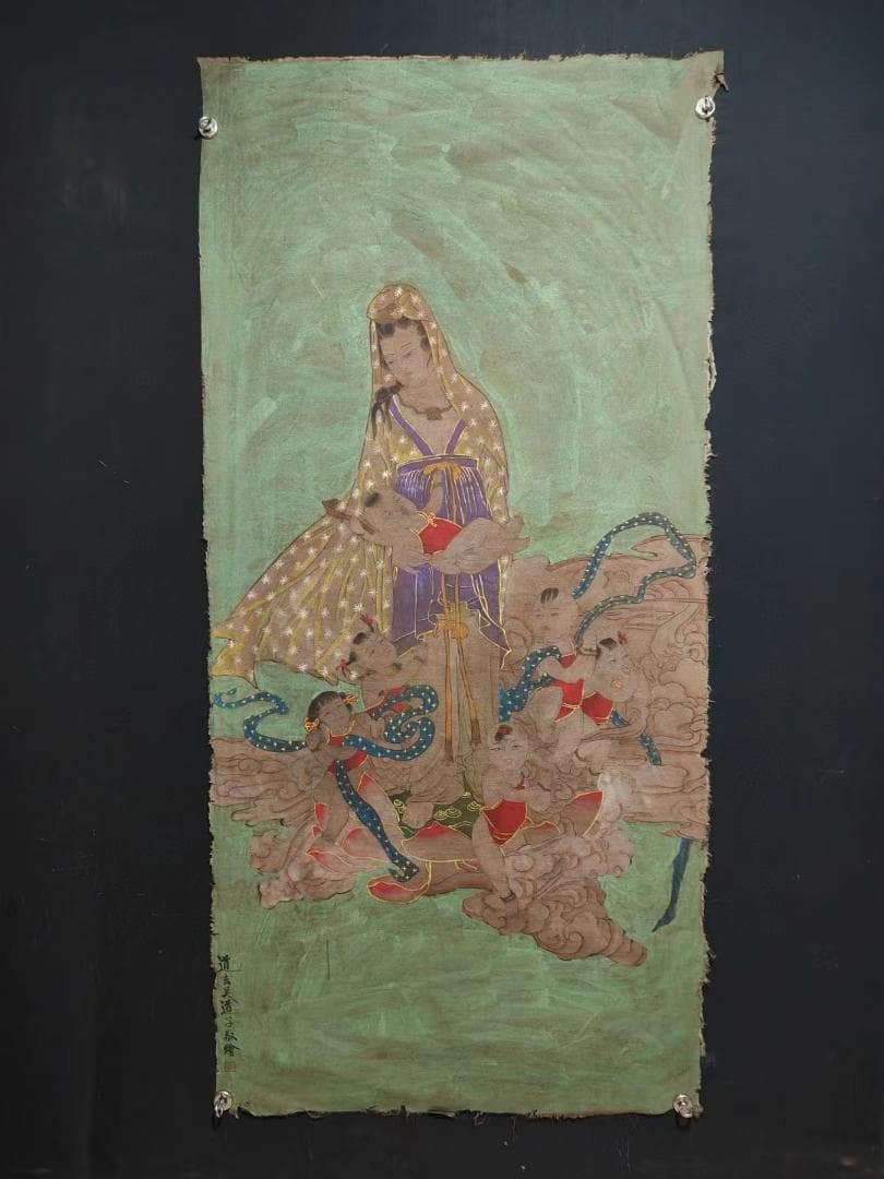 中国古美術・純手描き・吴道子人物画芯・觀音画像167x86cm・書画・絹本・仏像