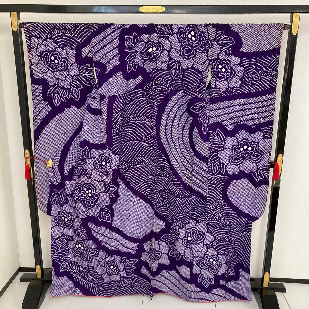 たべたいこ様 振袖 総絞り 鹿子絞り 紫単色 裄68 素敵なデザインT-5076