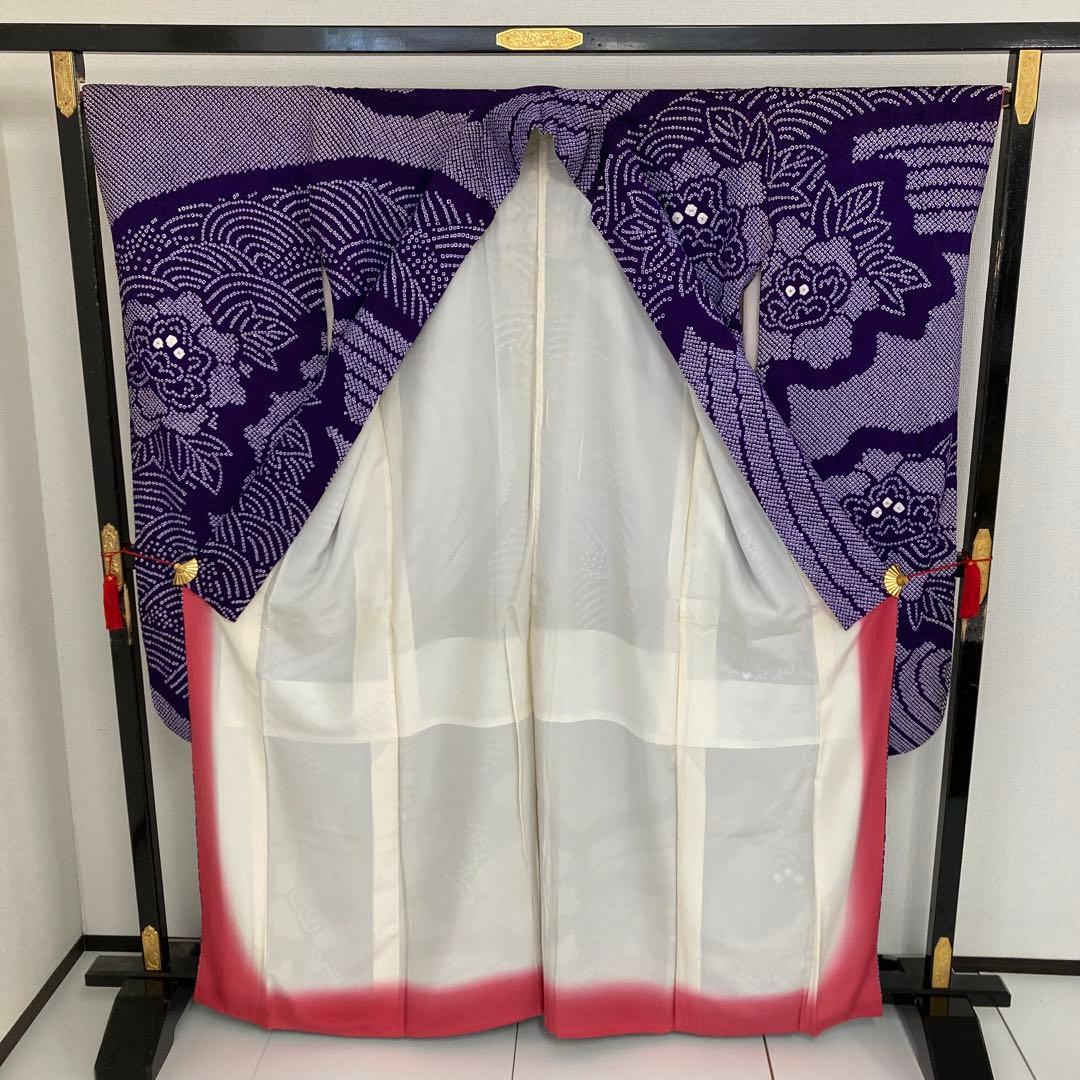 たべたいこ様 振袖 総絞り 鹿子絞り 紫単色 裄68 素敵なデザインT-5076