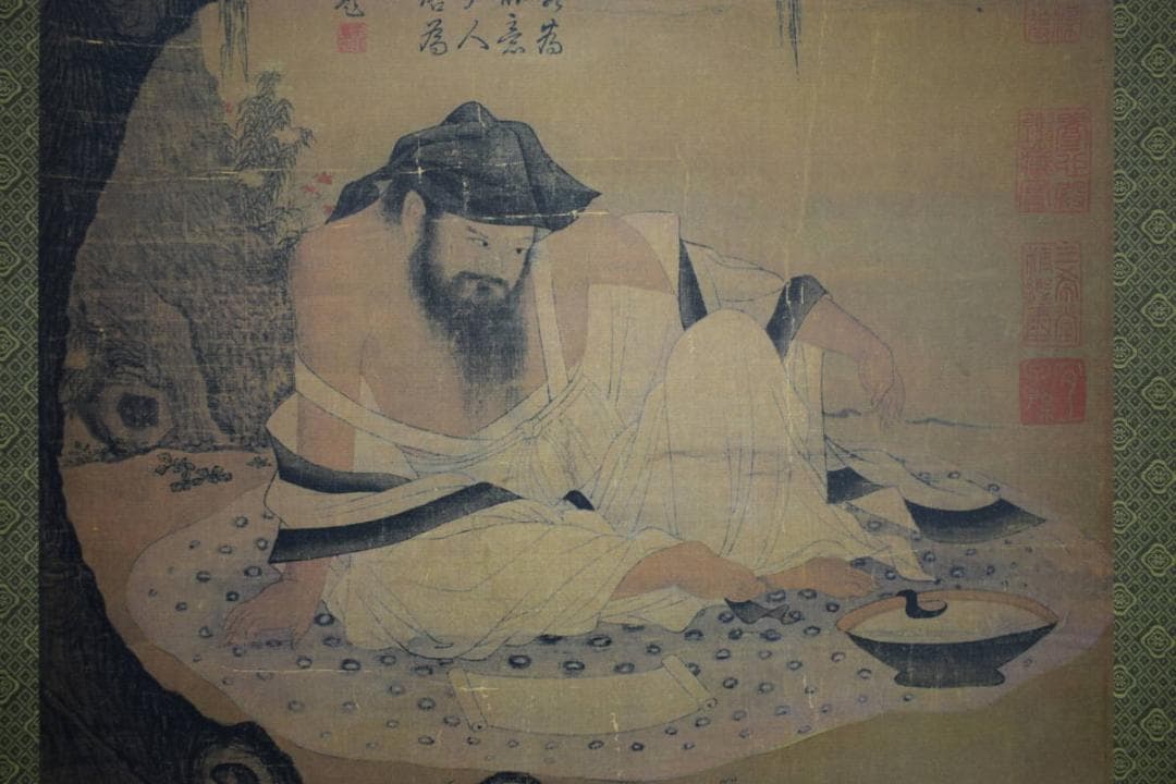 複製/宋人/柳蔭高士図/工芸/布袋屋掛軸HI-127