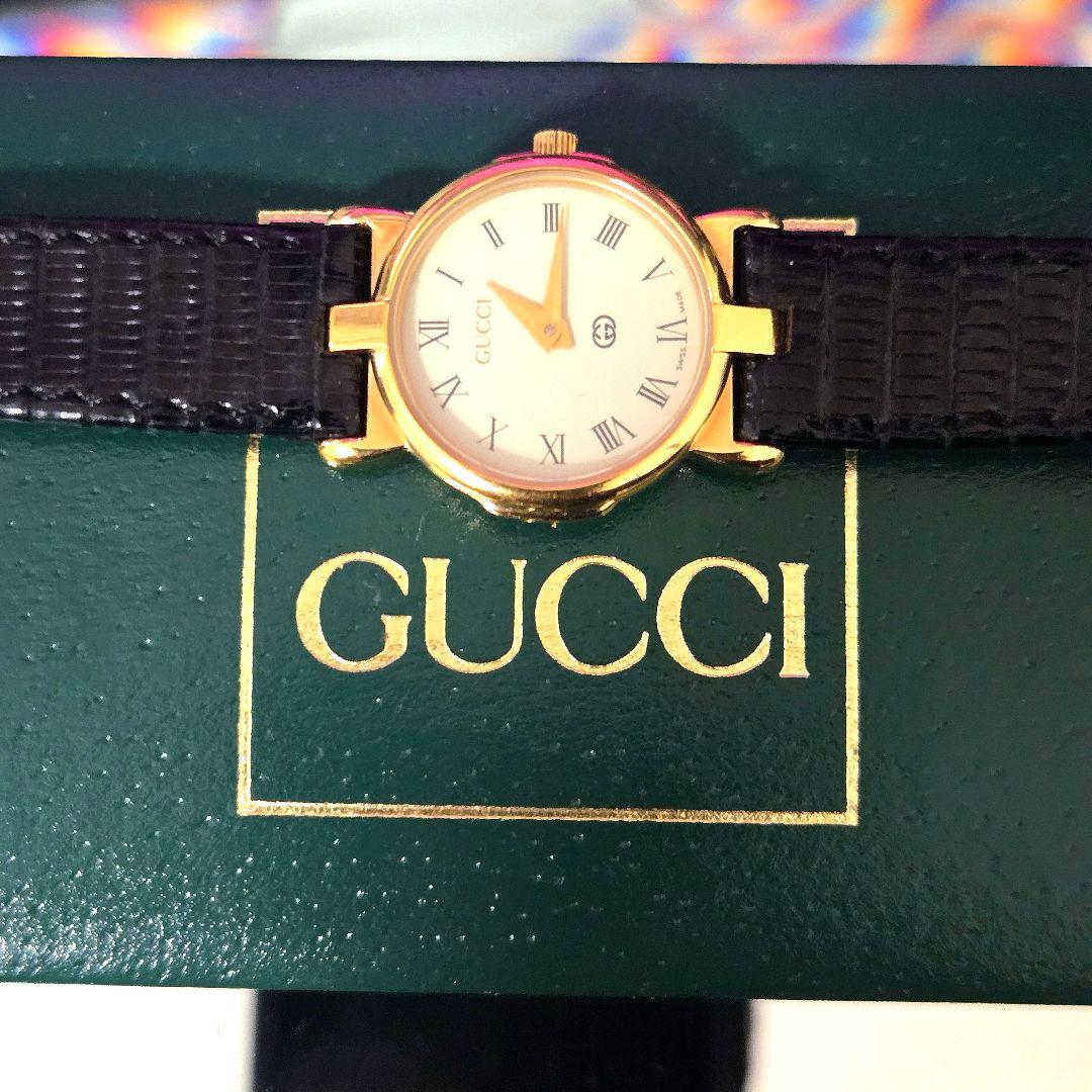 唯一の【GUCCI】ヴィンテージ 3400L ゴールド腕時計ブラックレザーベルト
