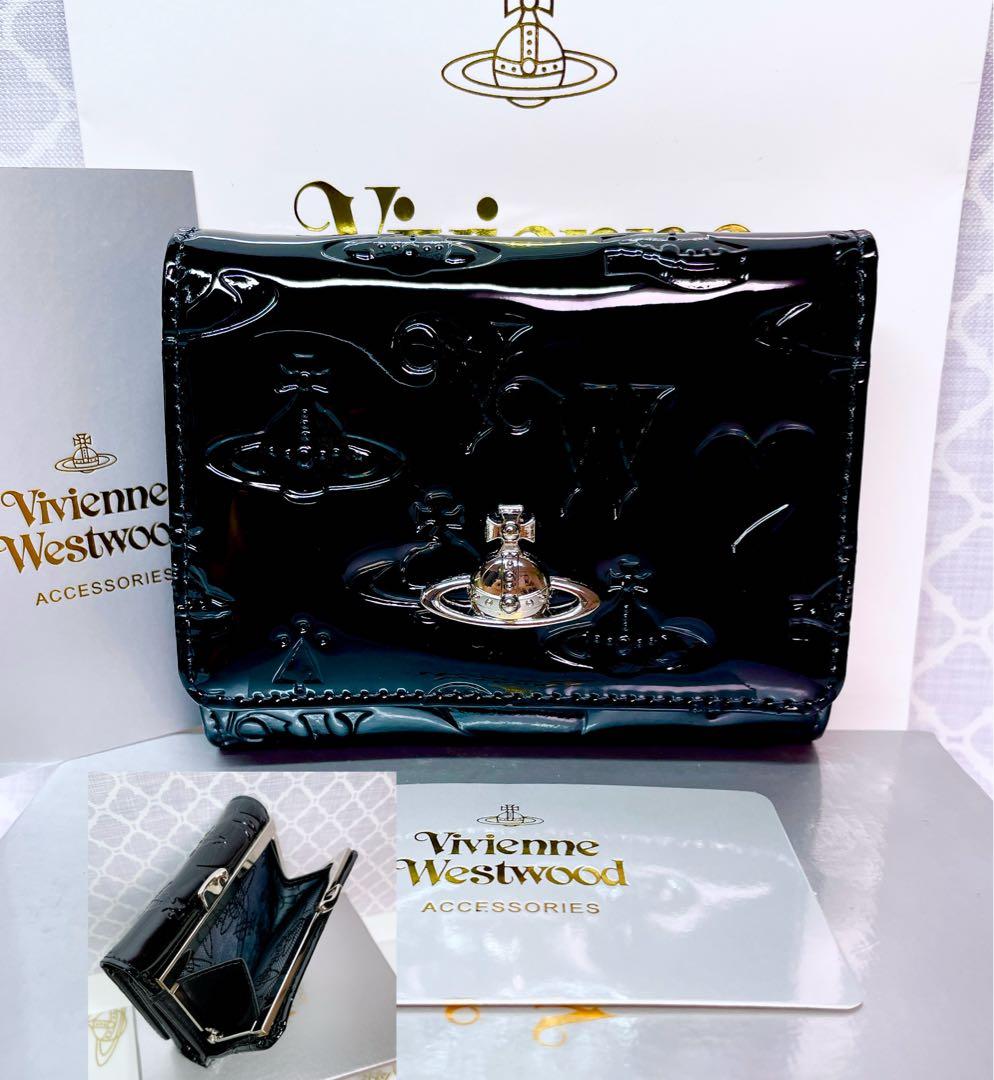 【内側に素敵な柄♡新作】Vivienne Westwood 折財布 黒 エナメル
