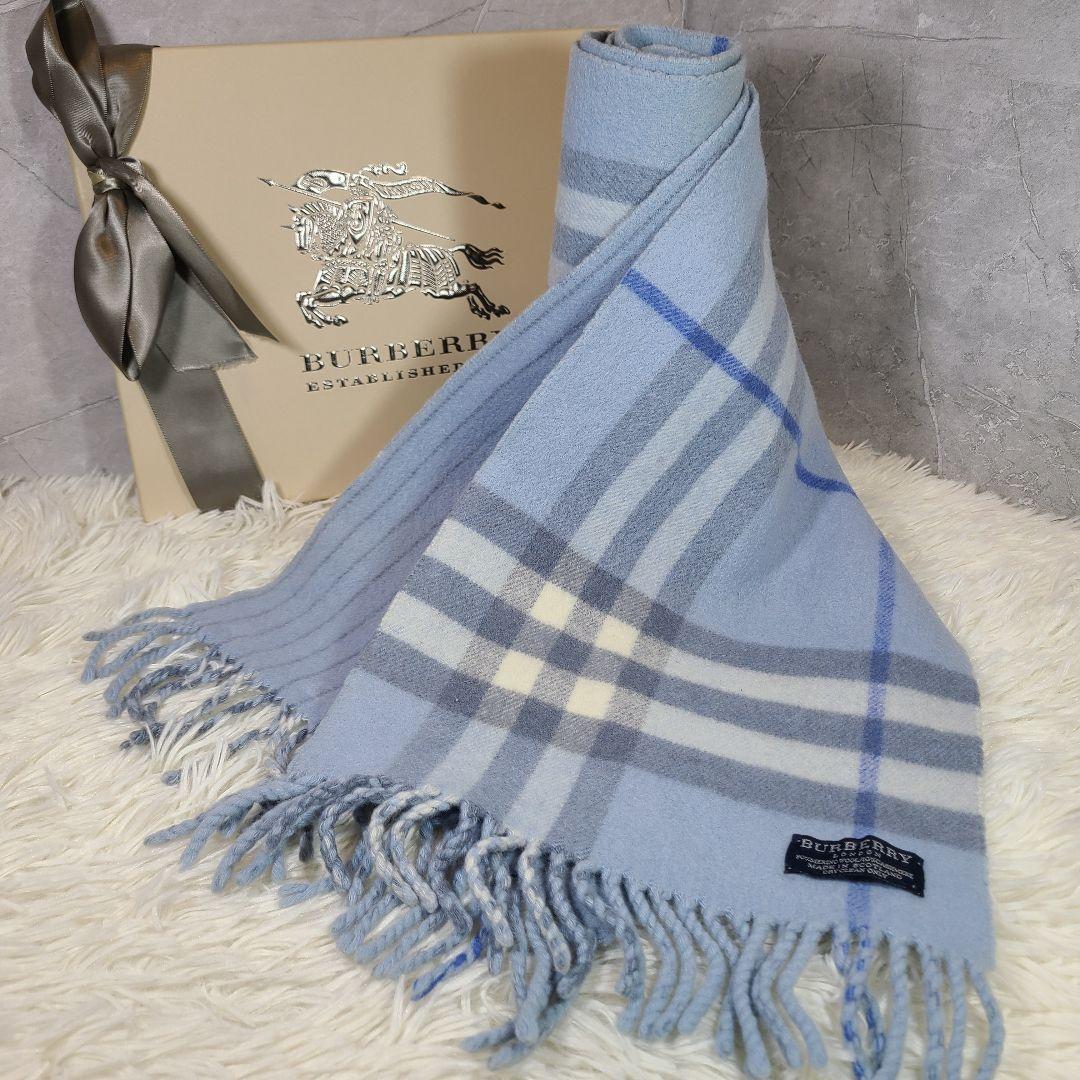【BURBERRY】ギガチェックマフラー カシミヤ10％ 英国製　ブルー