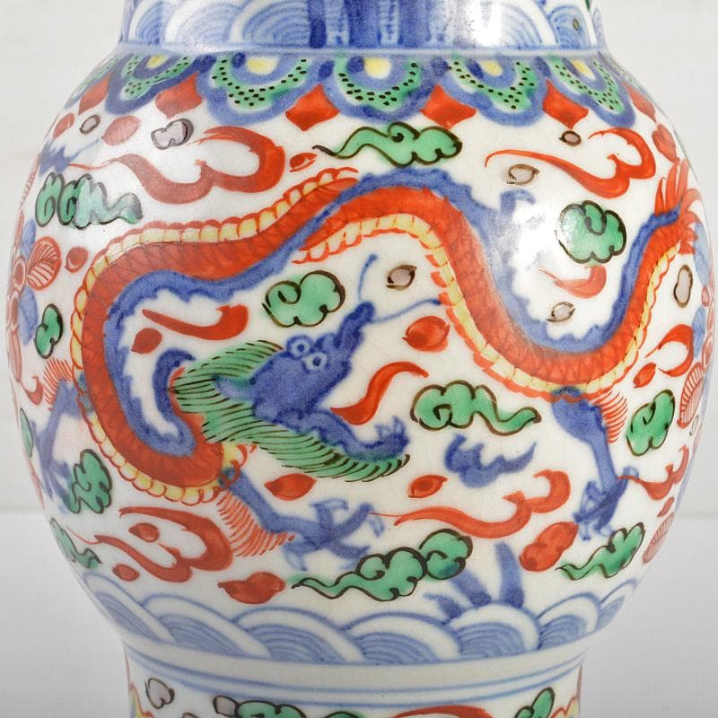 中国　大明萬暦年製款　赤絵　雲龍花文　双魚耳瓶　時代箱付　M　R7343