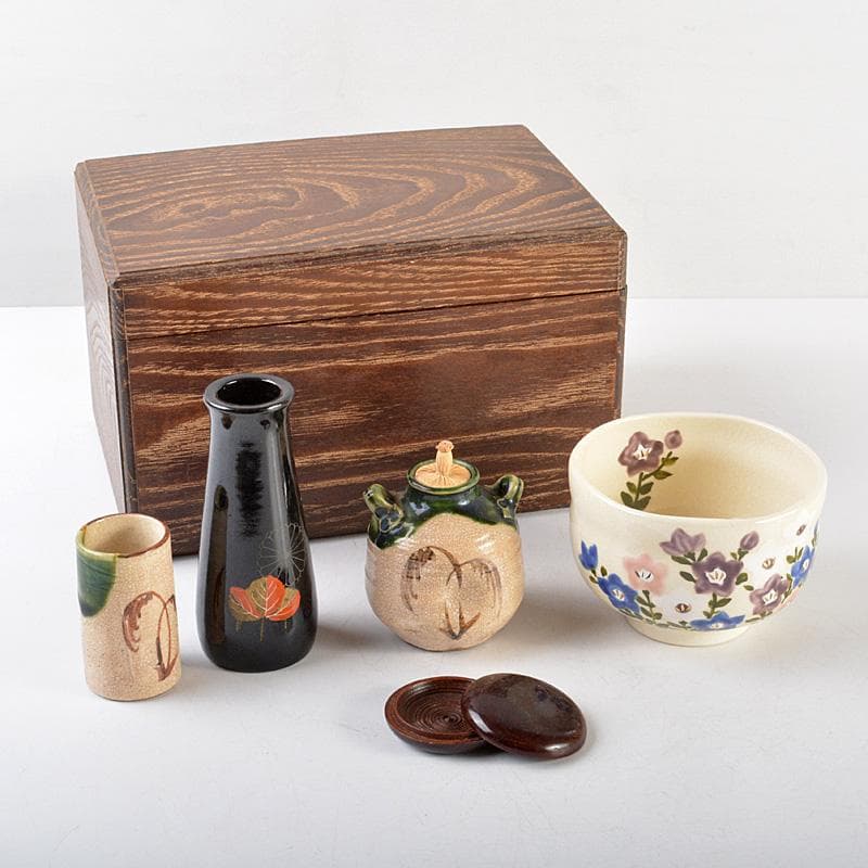 茶道具　桑茶箱　利休茶箱　茶碗　香合　など　5点　一式　　V　R5774
