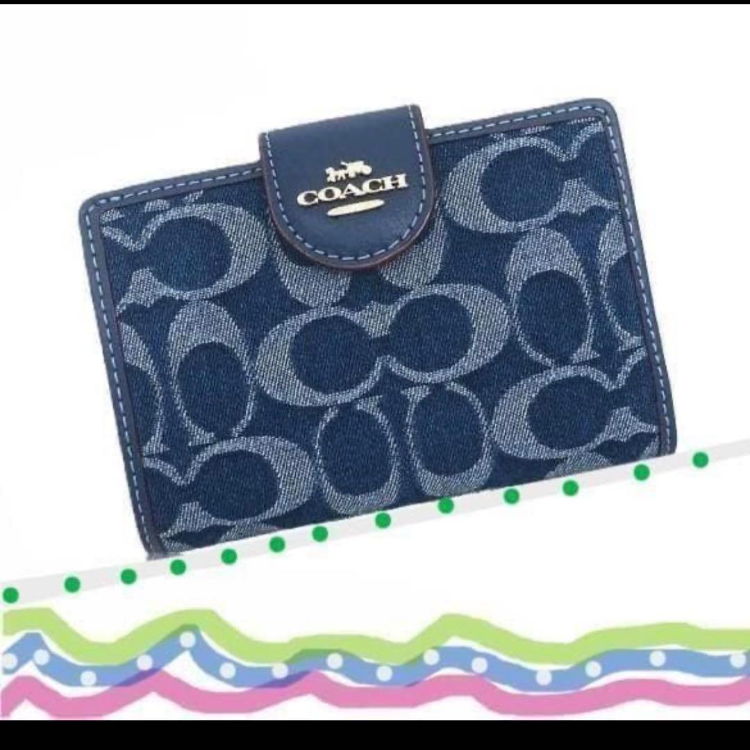 coachデニム&レザーミディアム二つ折り財布、デニムブルー