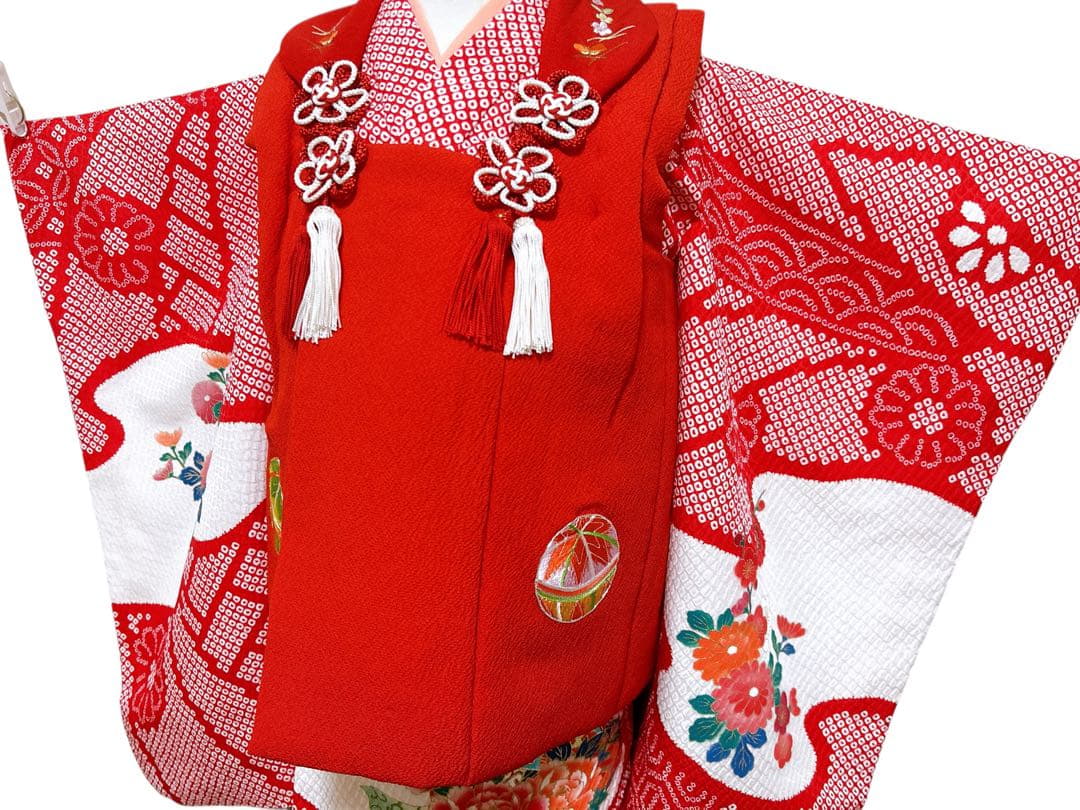 正絹鹿の子柄♡七五三　3歳　女の子　フルセット　一式　赤系　刺繍入り被布