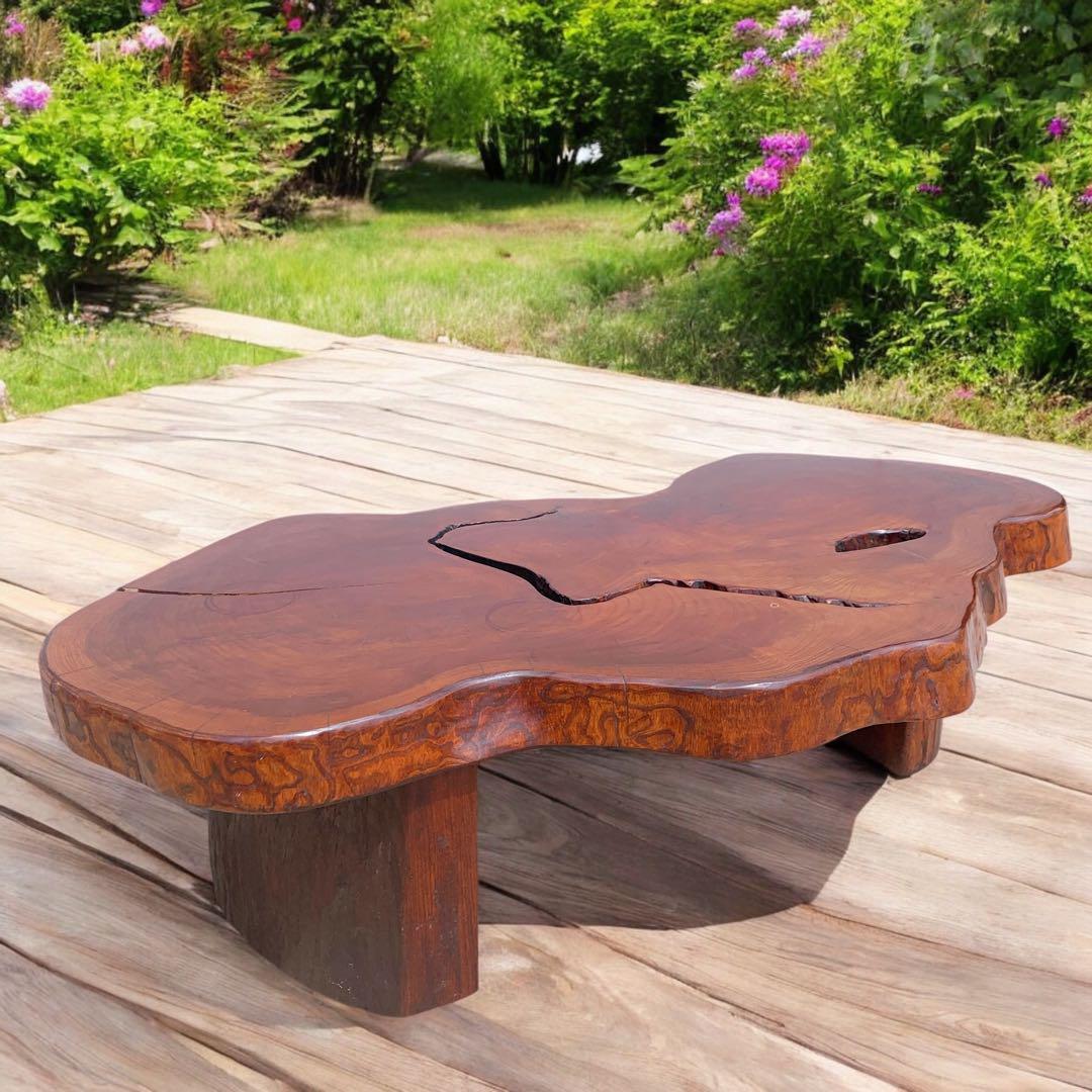 【稀少】昭和レトロ 木製 天然木 欅材 一枚板 脚付き座卓 センターテーブル