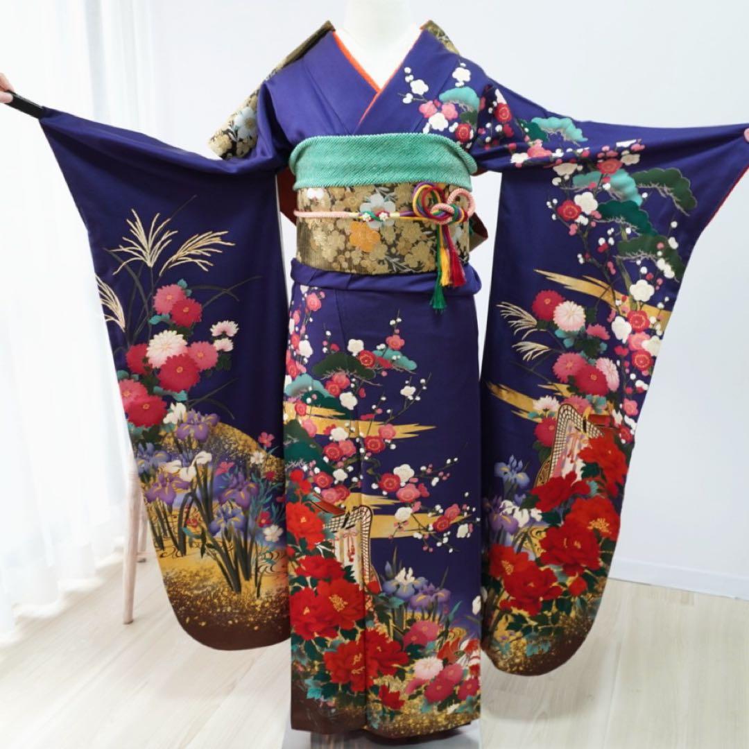 振袖　フルセット5点セット　【346i 】正絹　成人式　青系