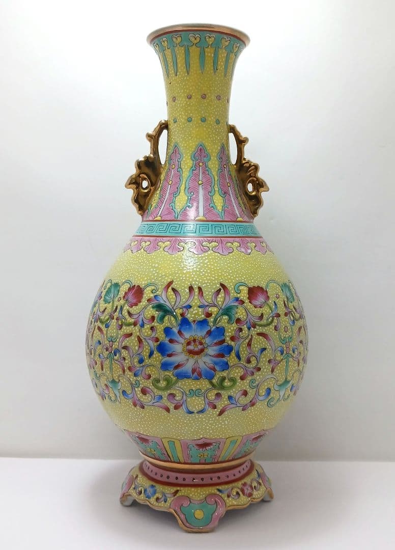 Y2374 中国 大清乾隆年製 粉彩 黄地粉彩双耳花瓶 壷 高さ26.7㎝