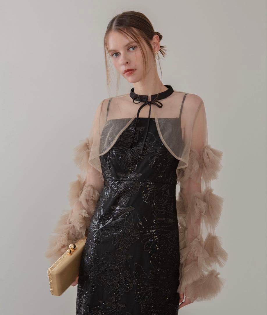 【新品】leja フリルチュールスリーブリボンIラインワンピースドレス