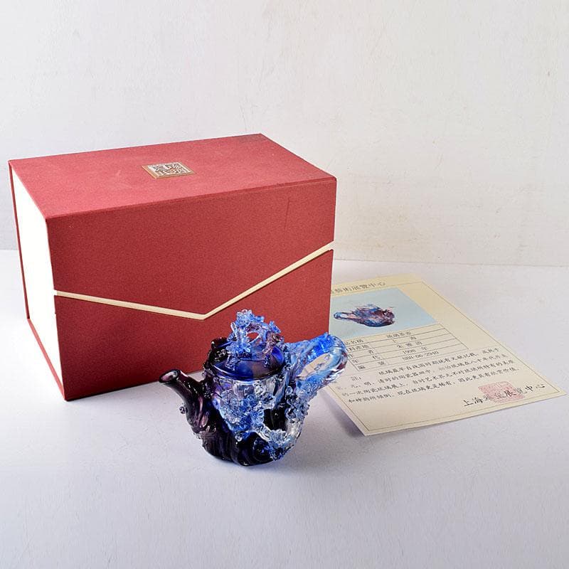 中国　ガラス工芸　琉璃夏氏　花彫刻　急須型　置物　箱・証明書付　C　8201