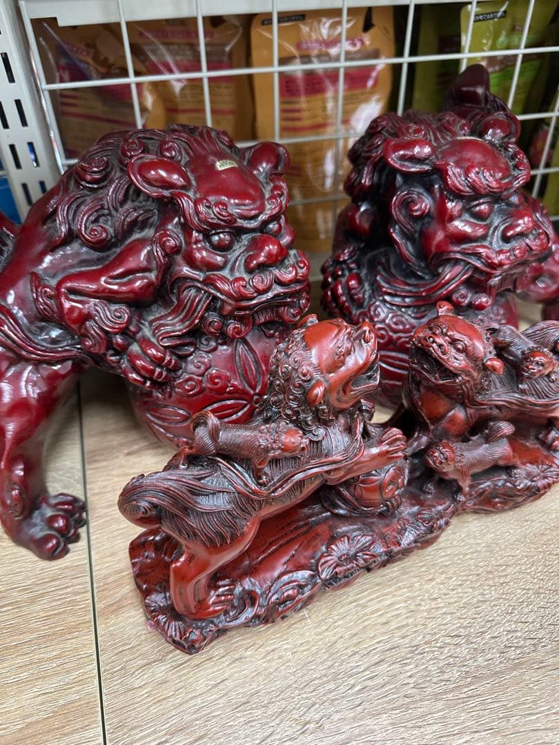 【3体セット】赤獅子 狛犬 親子獅子 置物 大小まとめ売り 縁起物 風水