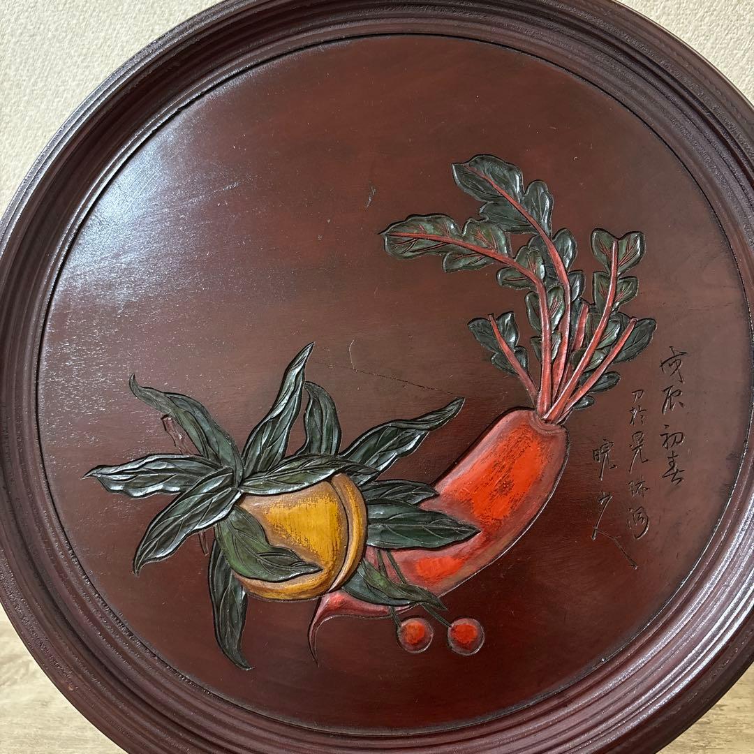 時代　彫抜色絵絵替丸盆　讃岐彫象谷塗　5枚　古盆　古木箱有〈検 烏城　四国　鎌倉