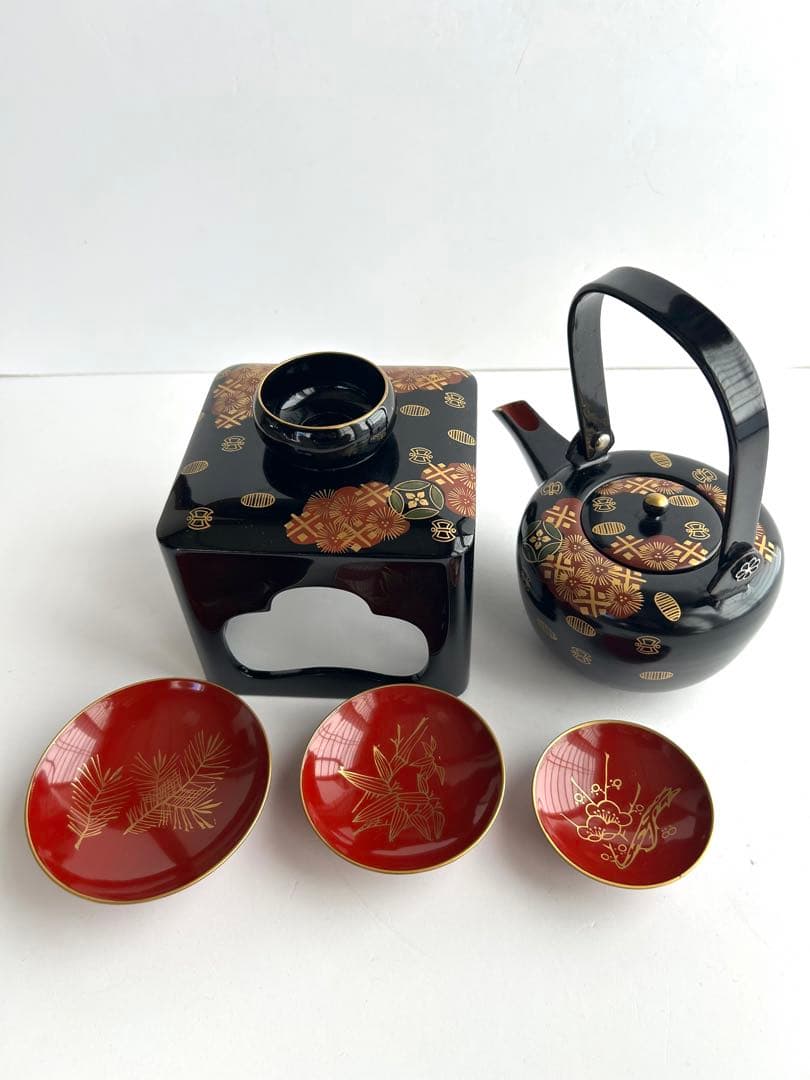 会津塗 黒塗 絵島型 四ツ揃 お屠蘇器 漆器セット 木箱入 金彩 鶴文様 松竹梅