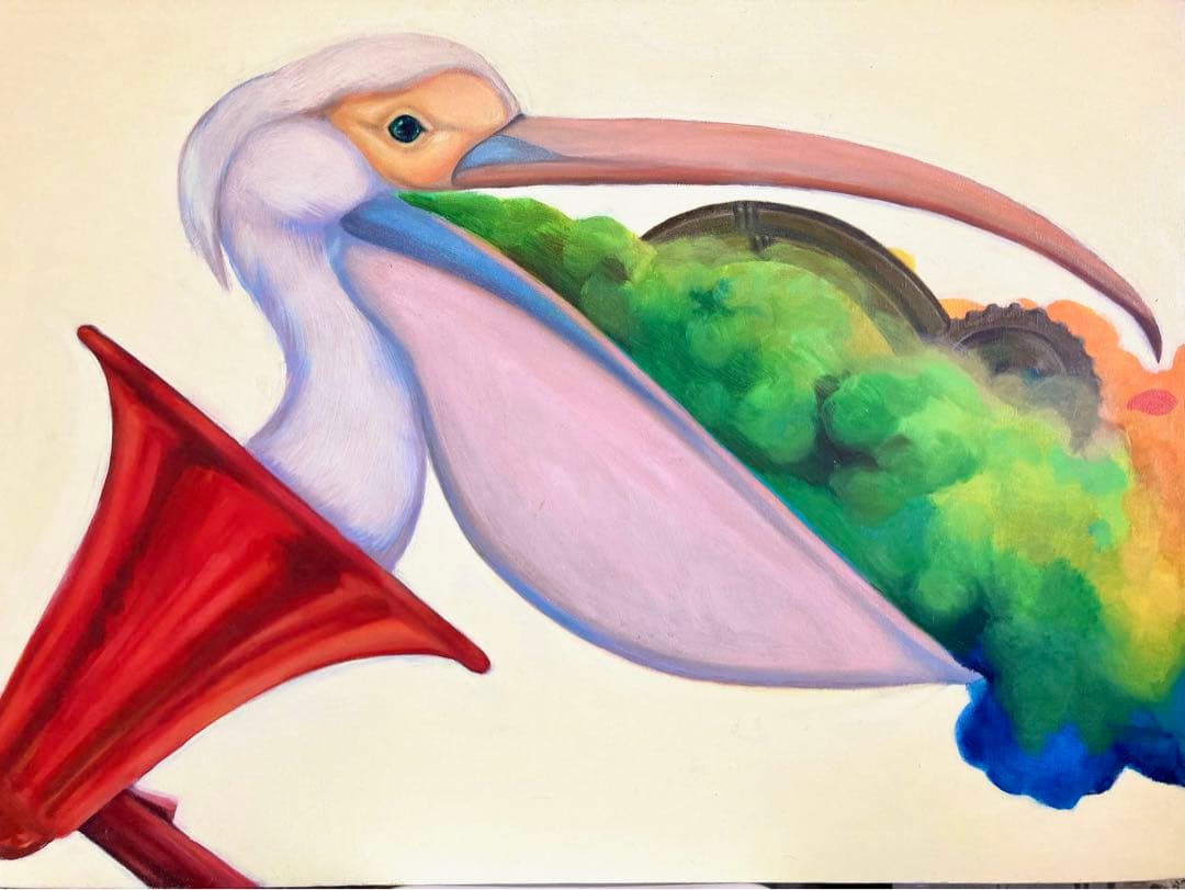 無題　新人画家　大塚麻世 ペリカン　油彩 絵画 油絵 動物　動物絵　拡声器
