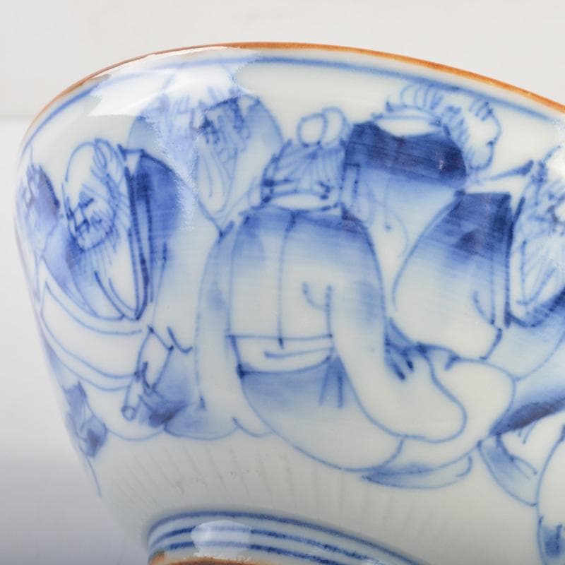 瀬戸焼　河本礫亭作　染付　寿老文茶碗　共箱　V　6680