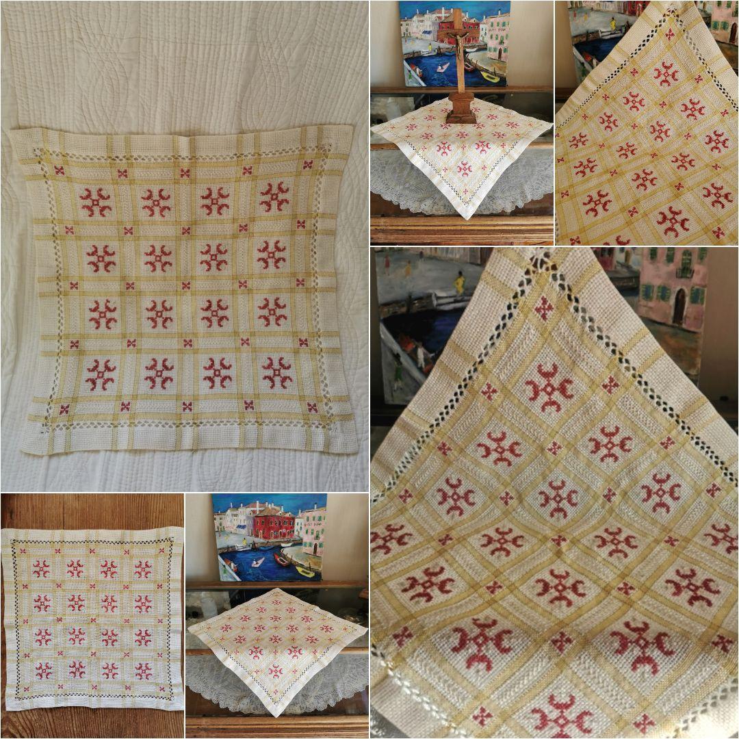 アンティークフランス購入 北欧ハーダンガー赤紅糸刺繍 ライム格子織リネンクロス