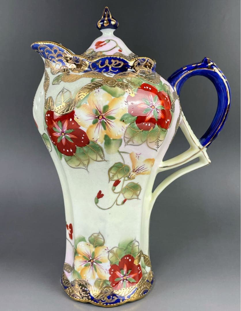 【美品】オールドニッポン 約２４cm 金盛り 花紋 チョコレートポット ティー