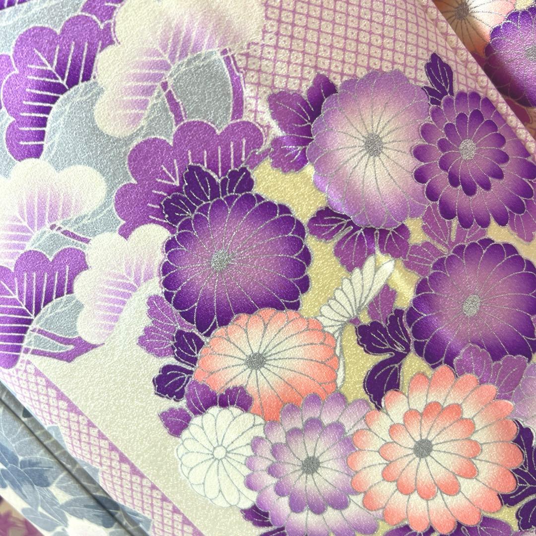 361 振袖フルセット 正絹 オフホワイト 白 薄紫 銀彩 駒刺繍 フェミニン