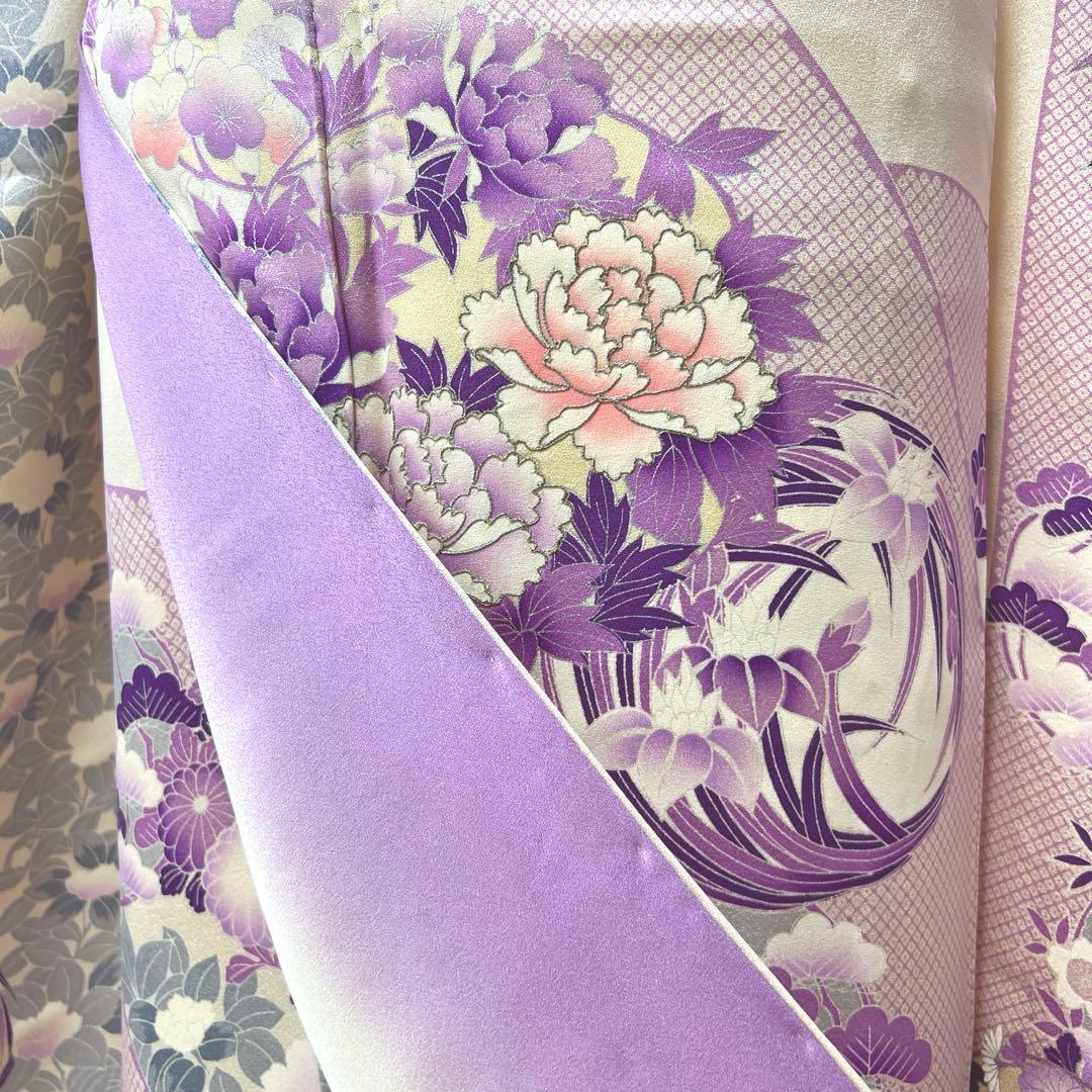 361 振袖フルセット 正絹 オフホワイト 白 薄紫 銀彩 駒刺繍 フェミニン