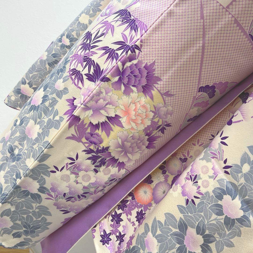 361 振袖フルセット 正絹 オフホワイト 白 薄紫 銀彩 駒刺繍 フェミニン