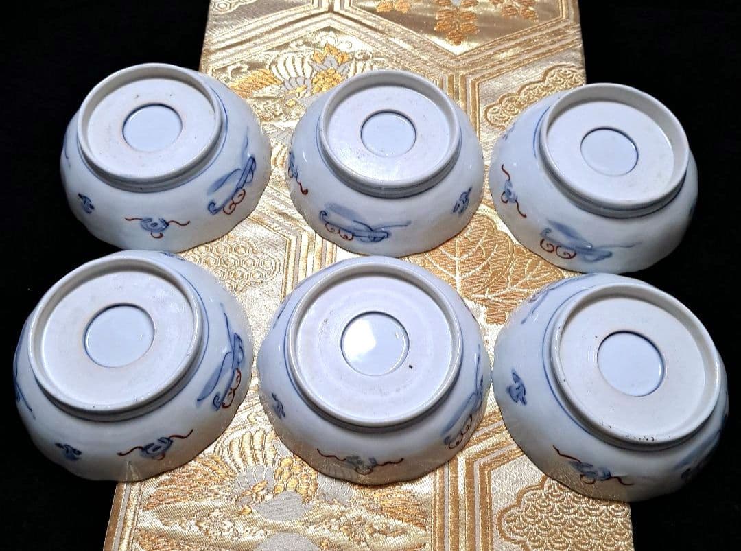 アンティーク　古伊万里　染錦　懐石皿　なます皿　5寸　6客揃　色絵　深鉢