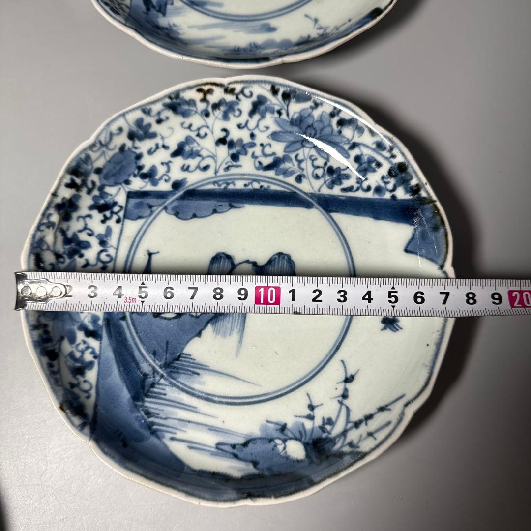 1700年代　江戸時代　古伊万里　染付花唐草風景図輪花皿　5枚　大明成化年製