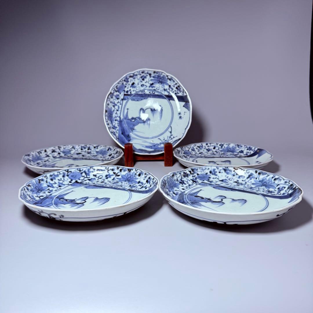 1700年代　江戸時代　古伊万里　染付花唐草風景図輪花皿　5枚　大明成化年製