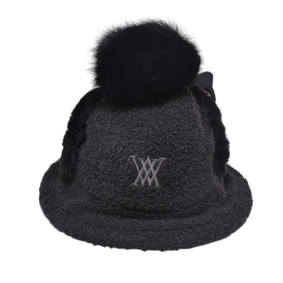 【中古良品】アニューゴルフ　バケットハット　耳当て　ボンボン　ブラック