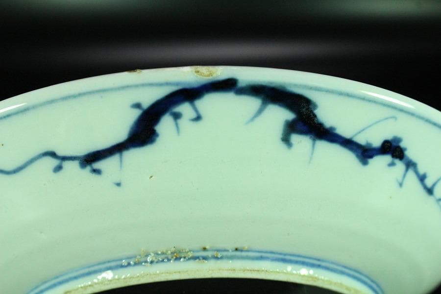 中国美術 青花 馬上武人紋 盤 φ21cm 古染付 清(K-RC962)