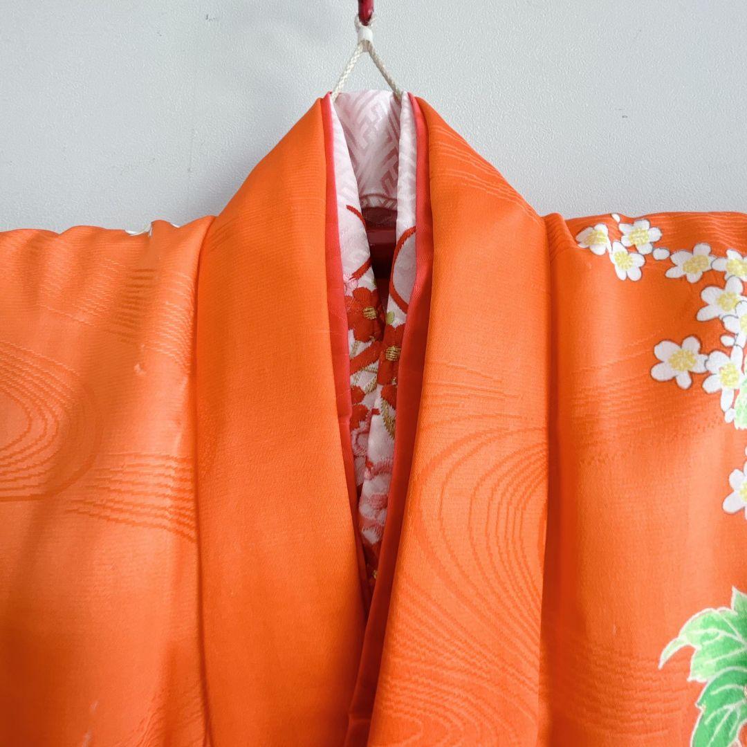 美品　フルセット　七五三７歳女の子　着物　化繊　オレンジ　51975