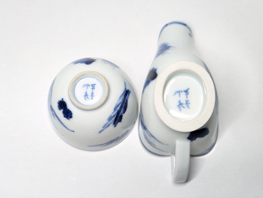 三浦竹泉 作 染付 山水文 煎茶器(煎茶碗 五客・急須・湯冷まし)