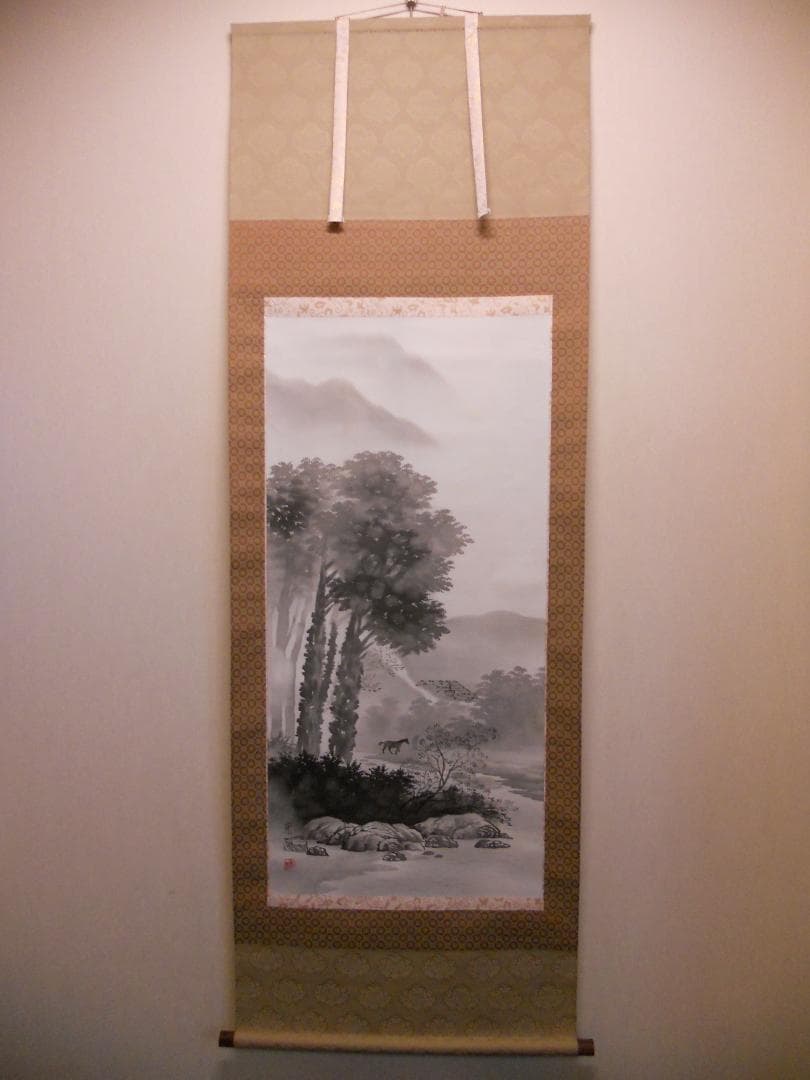 掛け軸  朝湖 渓畔晩涼 水墨画 絹本 希少 軸装 茶道具 掛軸 美品 です。