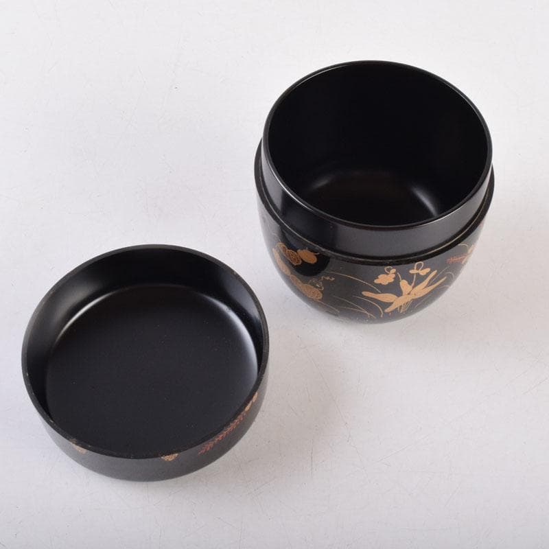 茶道具　黒塗　四季花草蒔絵　棗　共箱　V　8530