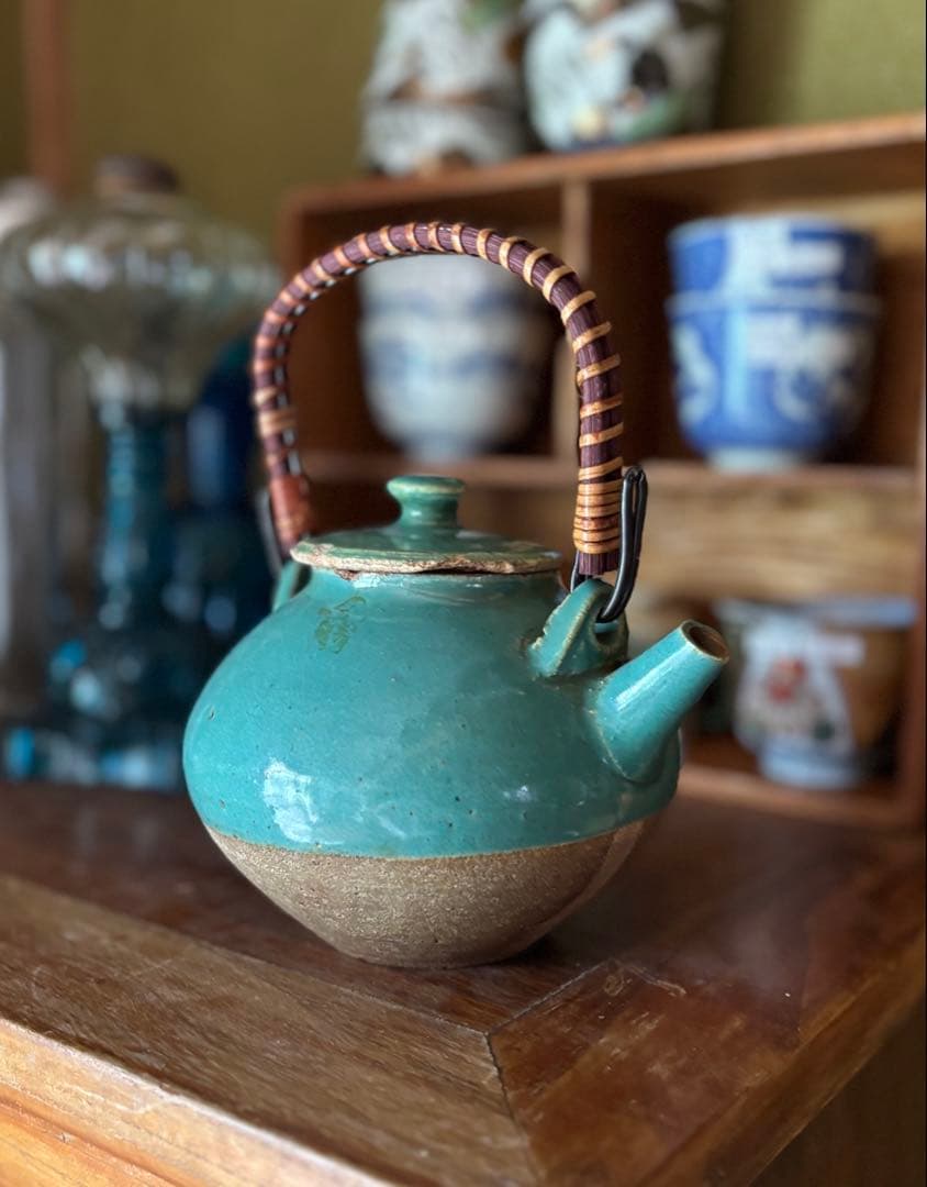 伊賀　丸柱　青　緑釉　薬土瓶　急須　民藝　古道具　希少　骨董