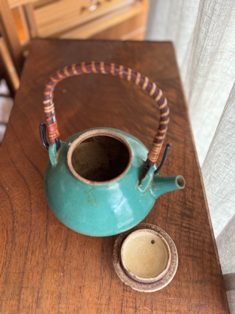 伊賀　丸柱　青　緑釉　薬土瓶　急須　民藝　古道具　希少　骨董