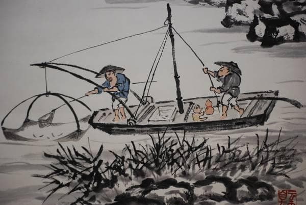 模写/鶴翁/漁舟画賛/布袋屋掛軸HD-47