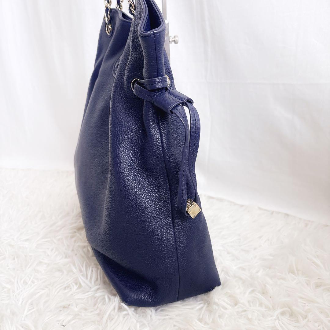 TORY BURCH チェーン トートバッグ シボ革 レザー ネイビー A4