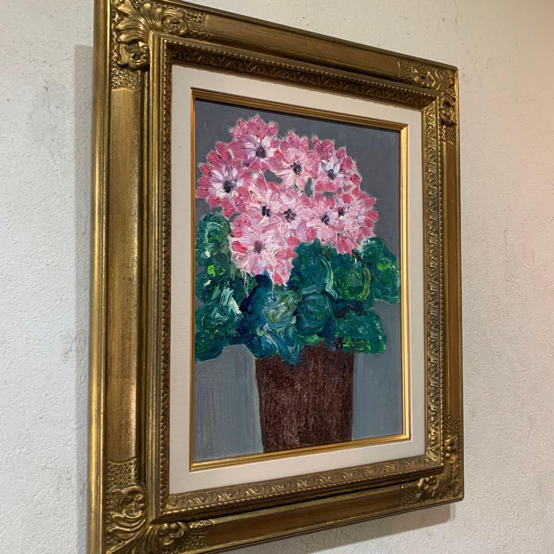 絵画　油彩肉筆画　岸本作『サイネリア』高級額装F4