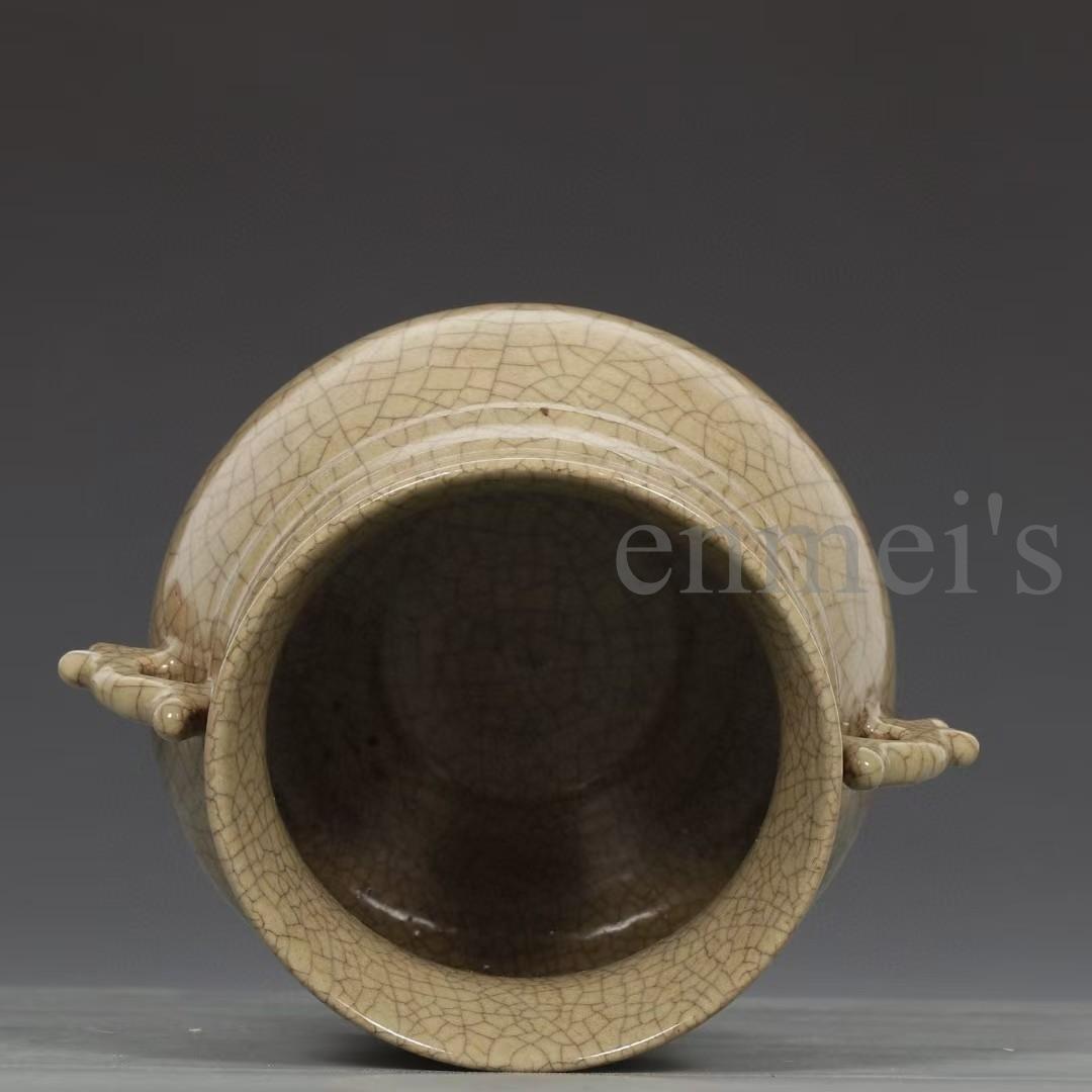 中国古美術・清哥窯款・米黄釉双耳香炉・木箱付・文房具・陶磁器・置物・禮品・仏具