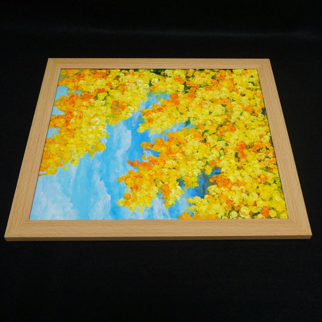 油絵 油彩 油彩画 絵 絵画 【青空に咲くミモザ 】