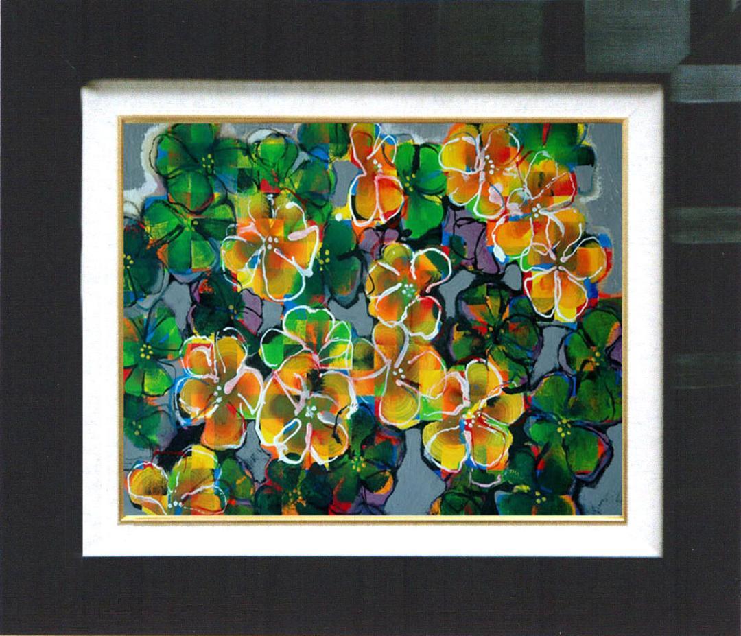 油絵 菅家令子 絵 絵画インテリア額付(青緑＋金色の枠) F4-091616 花